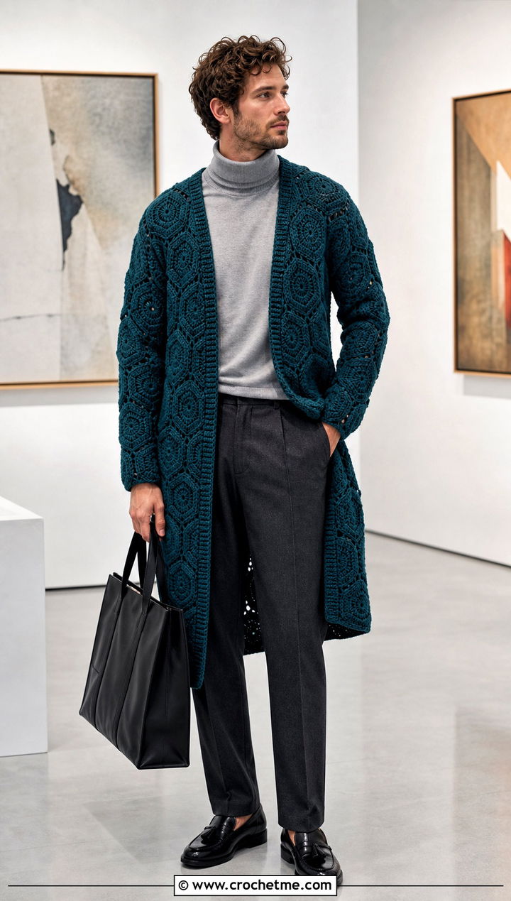 Longline Hexagon Crochet Cardigan With Turtleneck And Trousers - 35 men hexagon crochet cardigan outfit ideas