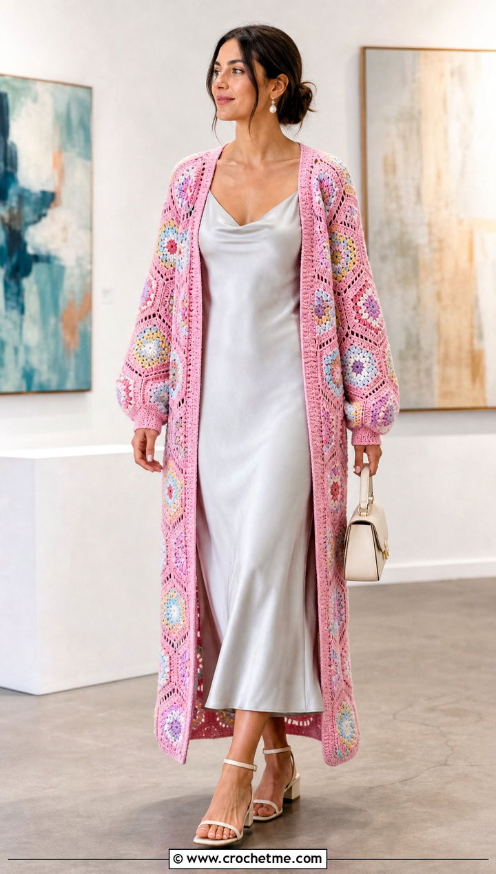 Longline Hexagon Granny Square Cardigan With Slip Dress - 35 hexagon granny square sweater outfit ideas