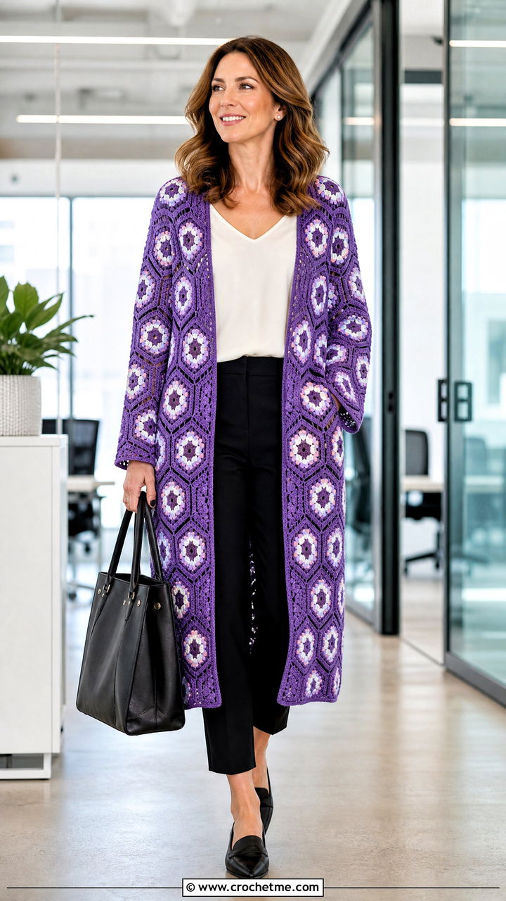 Longline Hexagon Granny Square Cardigan With Tailored Trousers - 35 hexagon granny square cardigan outfit ideas