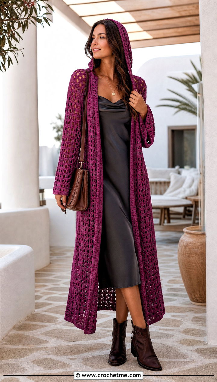 Longline Hexi Crochet Cardigan Hoodie With Slip Dress - 20 hexi crochet hoodie outfit ideas