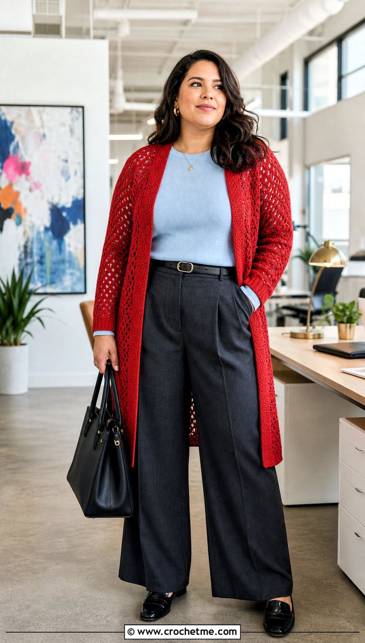 Longline Hexi Crochet Cardigan With Tailored Trousers - 35 hexi crochet cardigan outfit ideas
