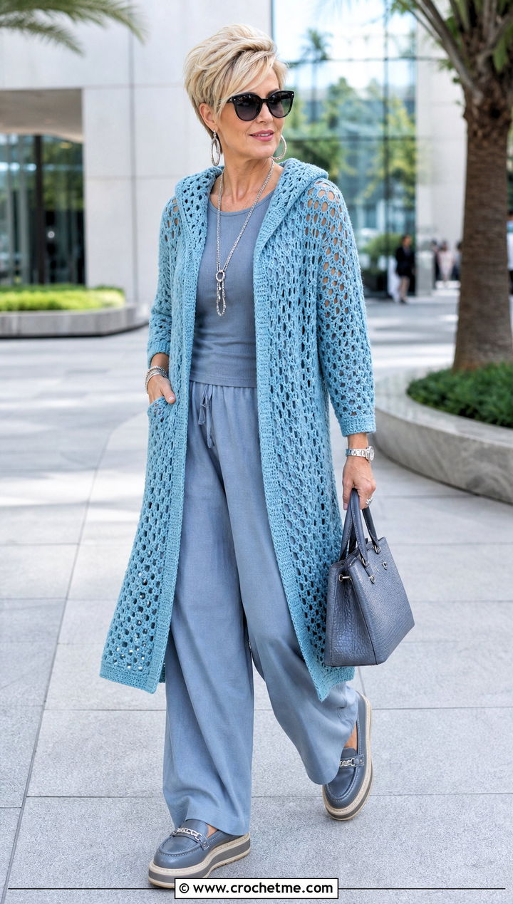 Longline Hooded Crochet Cardigan Sweater With Matching Separates - 25 Hooded Crochet Sweater outfit ideas