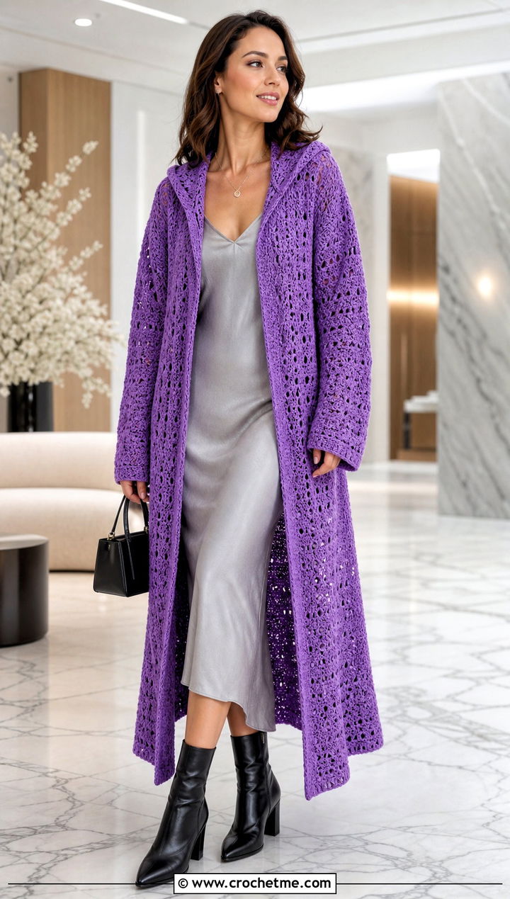 Longline Hooded Crochet Duster Cardigan With Slip Dress - 35 hooded crochet cardigan outfit ideas