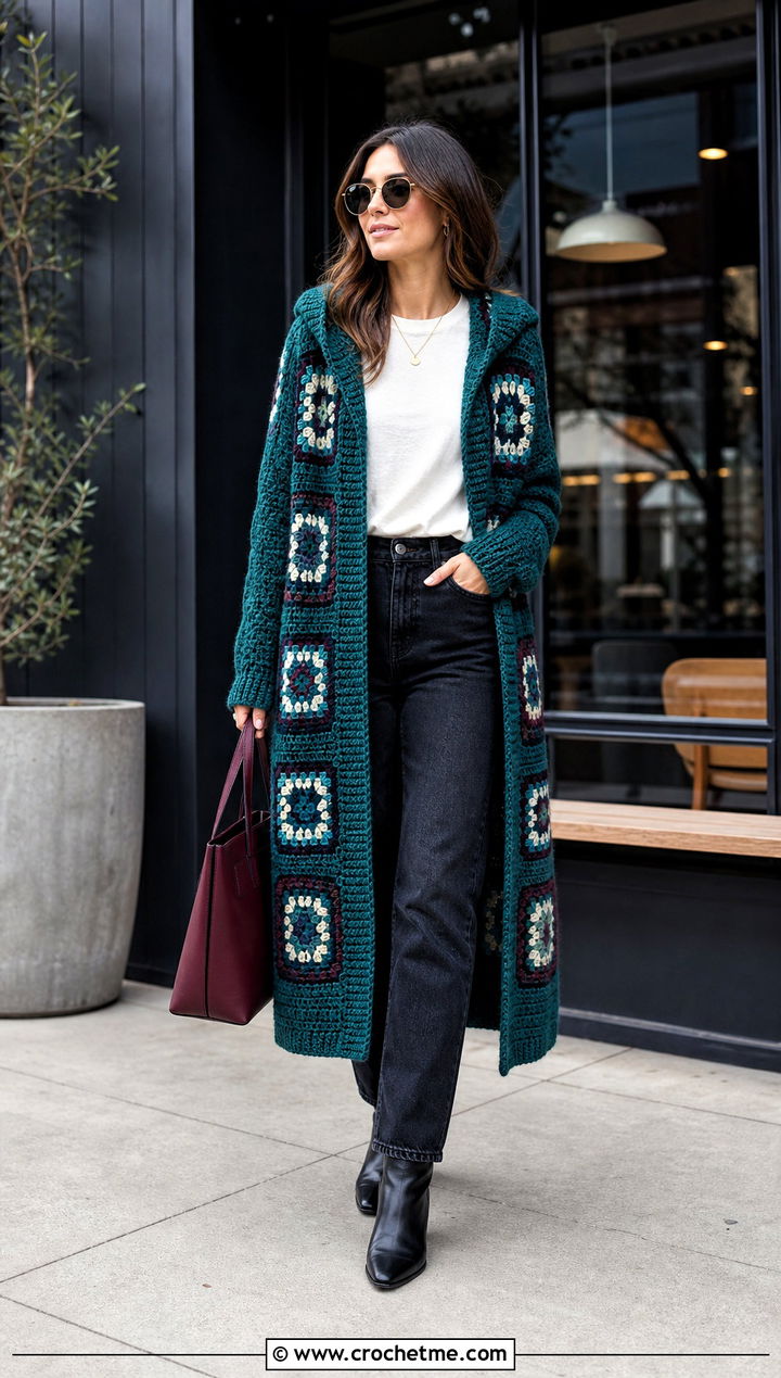 Longline Hooded Granny Square Cardigan With Straight Jeans - 30 granny square cardigan with hood outfit ideas