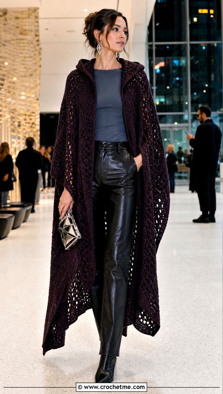 Longline Hooded Poncho With Leather Pants - 35 Crochet Hooded Poncho outfit ideas