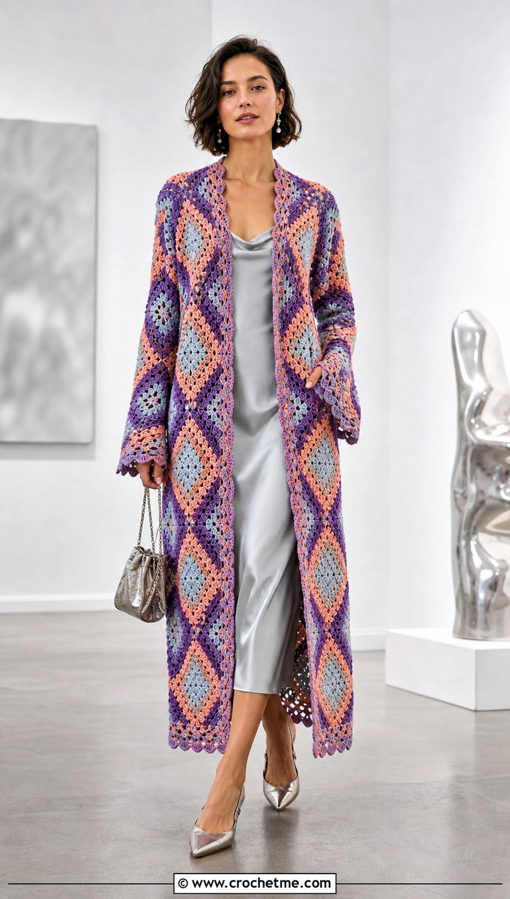 Longline Howl Crochet Coat With Satin Slip Dress - 25 howl crochet coat outfit ideas