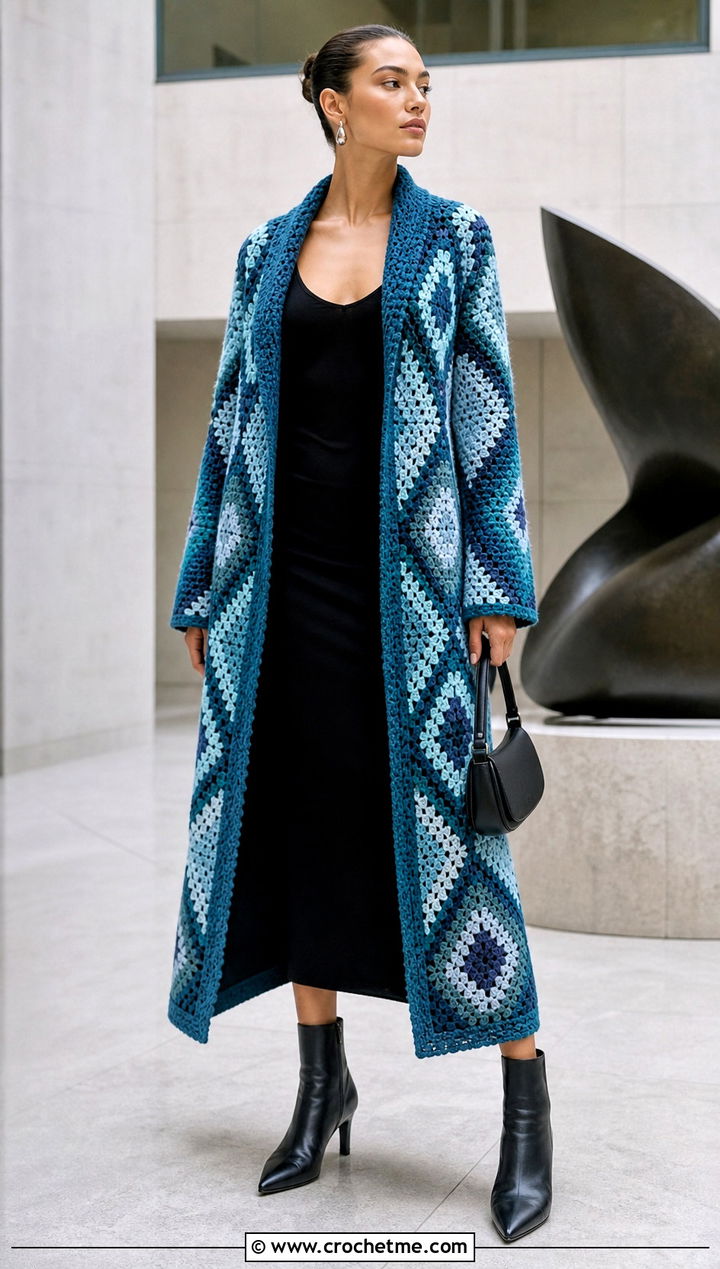 Longline Howls Crochet Jacket With Black Column Dress - 25 Howls Crochet Jacket outfit ideas