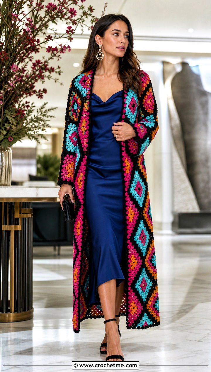 Longline Howls Crochet Jacket With Slip Dress - 25 Howl's Crochet Jacket outfit ideas