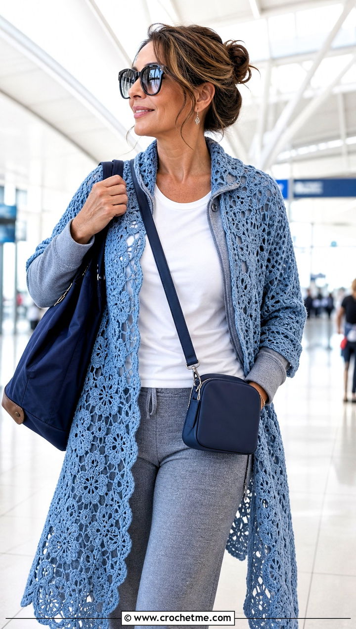 Longline Irish Crochet Shawl With Airport Outfit - 20 Irish Crochet Shawl outfit ideas