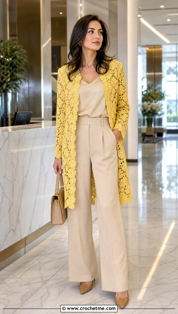 Longline Irish Lace Crochet Cardigan Jacket With Wide Leg Trousers - 15 irish lace crochet jacket outfit ideas