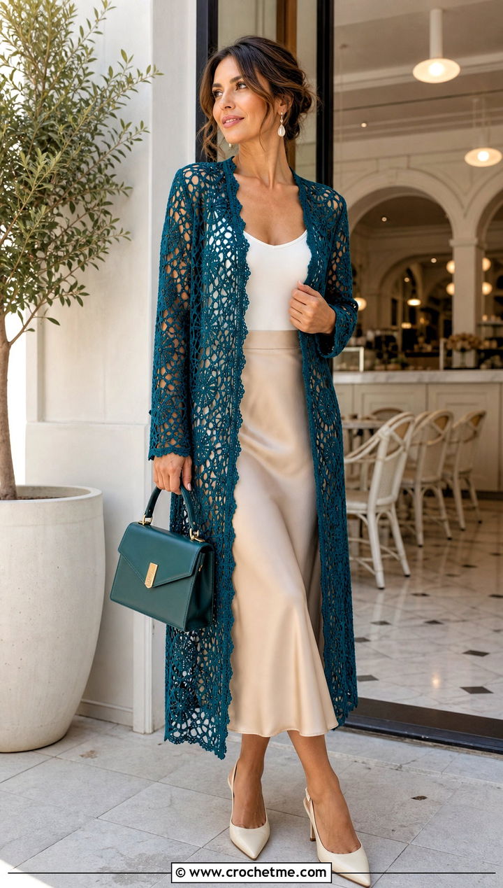 Longline Lace Crochet Cardigan With Satin Midi Skirt - 15 Crochet Womens Cardigan Sweater outfit ideas