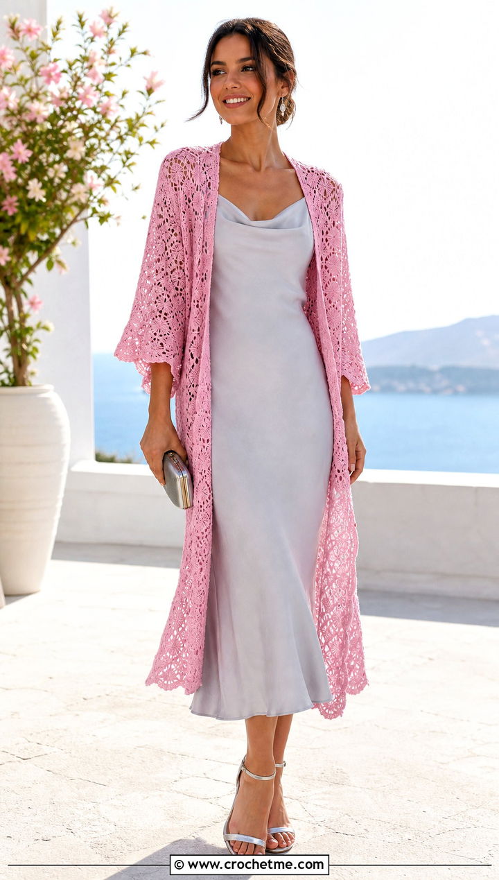 Longline Lace Crochet Cardigan With Slip Dress - 25 Simple Crochet Cardigan For Women outfit ideas