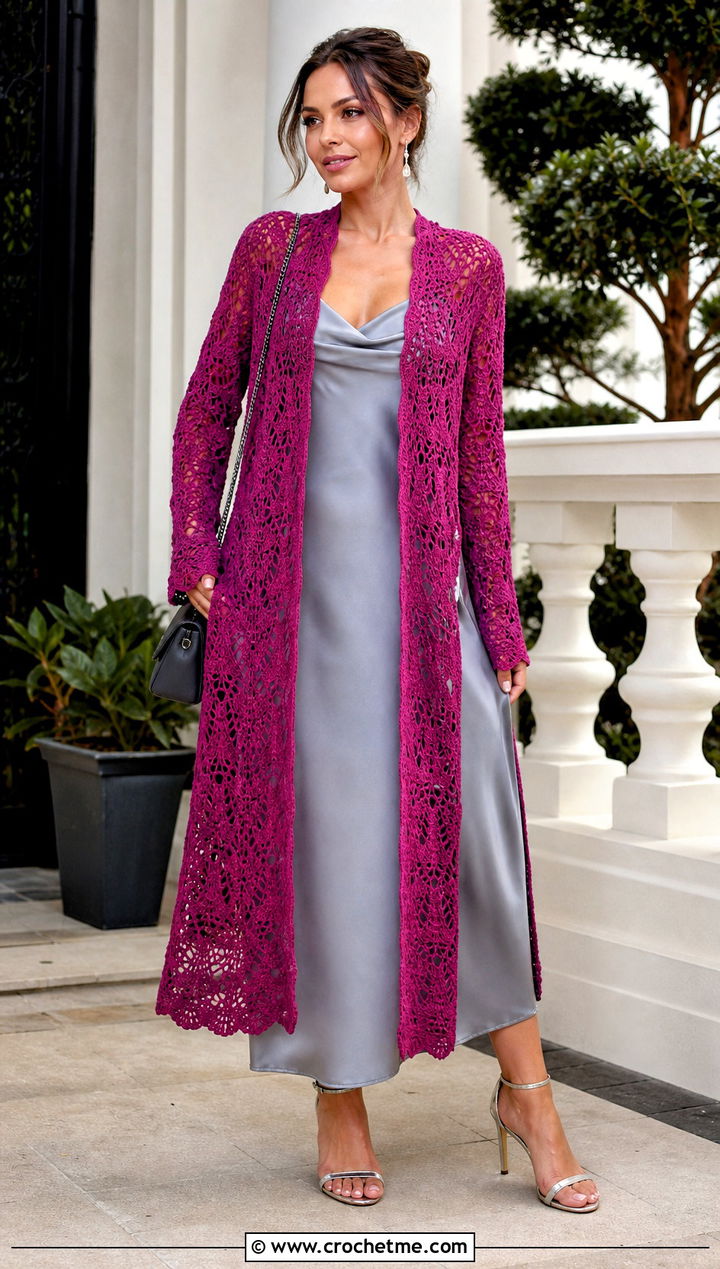 Longline Lace Crochet Cardigan With Slip Dress - 25 Lacy Crochet Cardigan outfit ideas