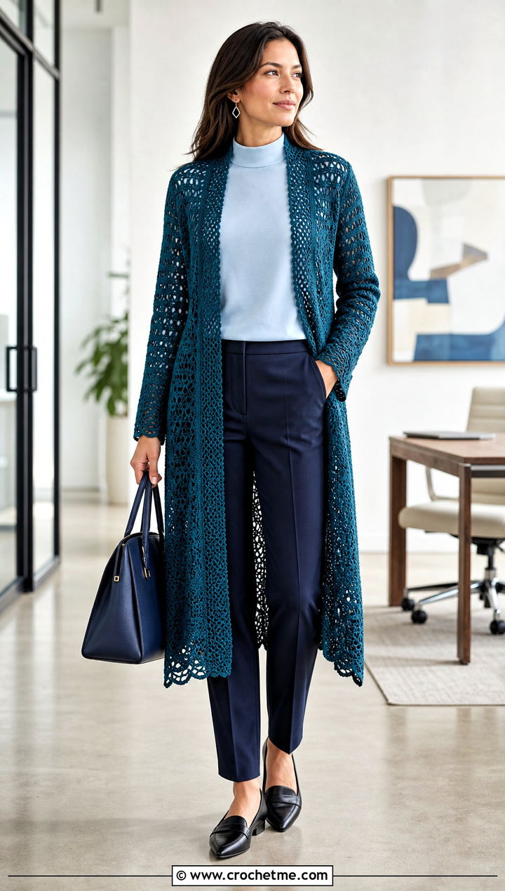 Longline Lace Crochet Cardigan With Tailored Trousers - 15 Ultimate Lounge Crochet Cardigan outfit ideas