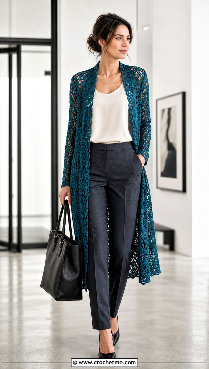 Longline Lace Crochet Cardigan With Tailored Trousers - 25 elegant crochet cardigan outfit ideas