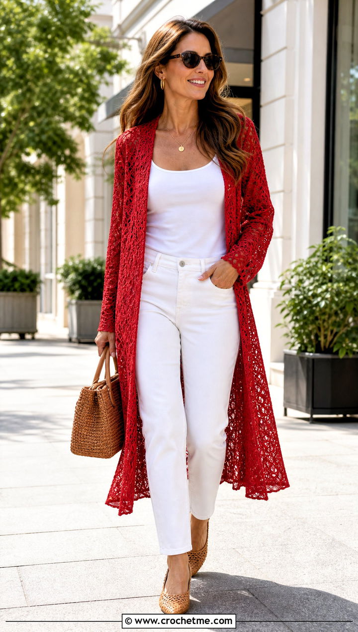 Longline Lace Crochet Cardigan With White Jeans - 15 Mid Summer Crochet Cardigan outfit ideas