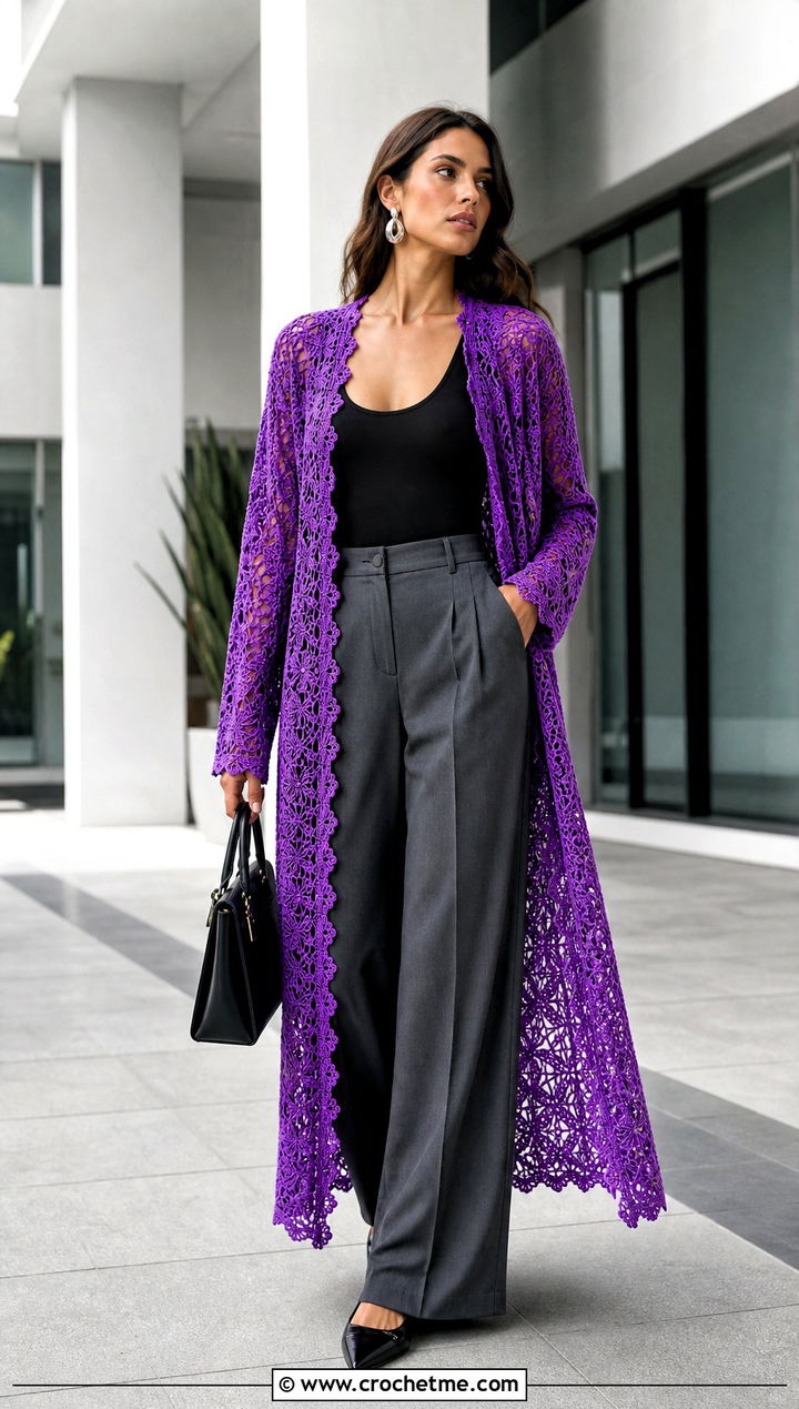 Longline Lace Crochet Cardigan With Wide Leg Trousers - 30 crochet lacy cardigan outfit ideas