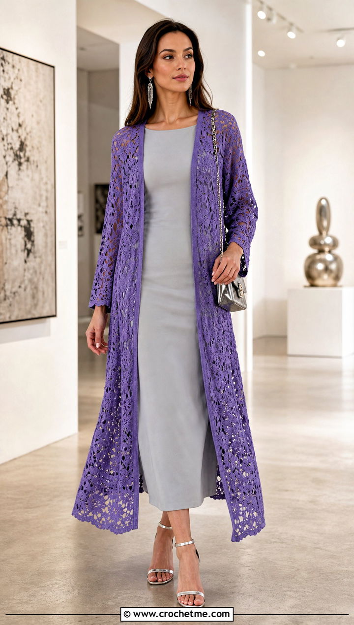 Longline Lace Crochet Cardigan With a Column Dress - 30 cute crochet cardigans outfit ideas
