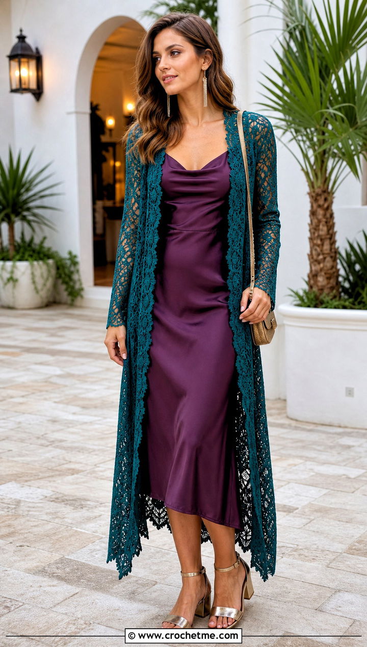 Longline Lace Crochet Duster Cardigan With Slip Dress - 20 bohemian crochet cardigan outfit ideas