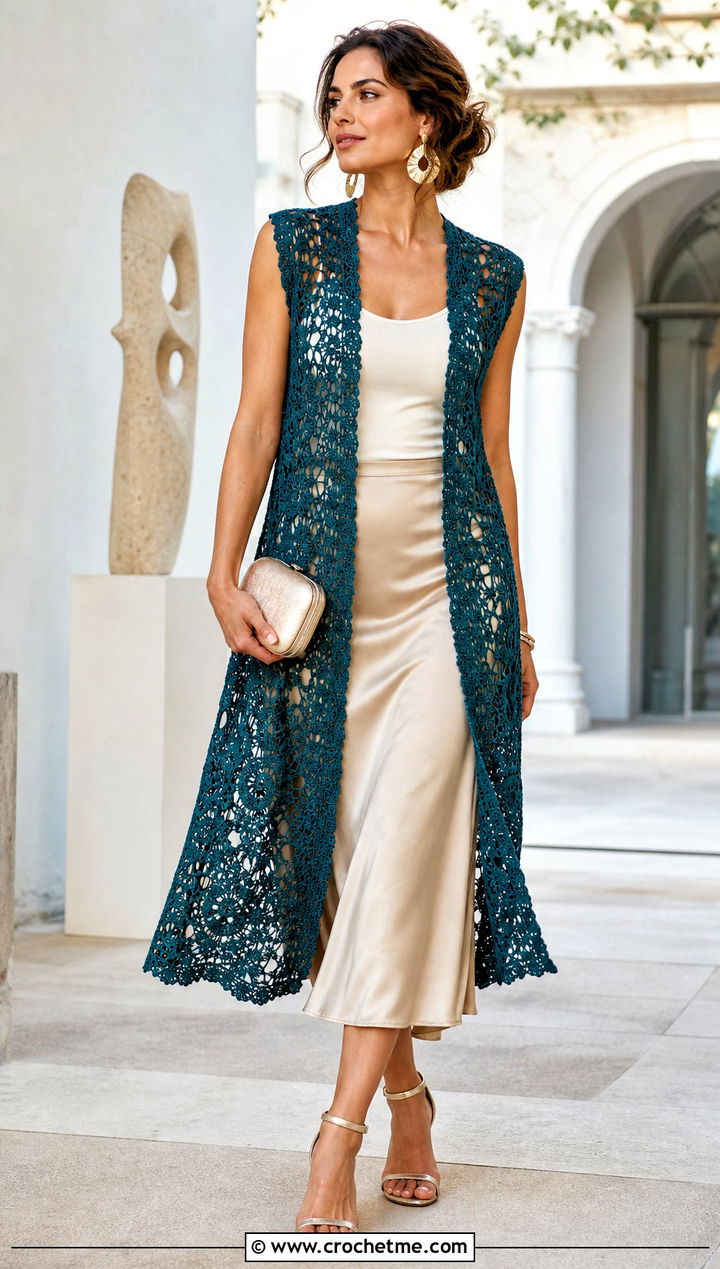 Longline Lace Crochet Vest With Satin Skirt - 15 crochet vest coats & jackets outfit ideas