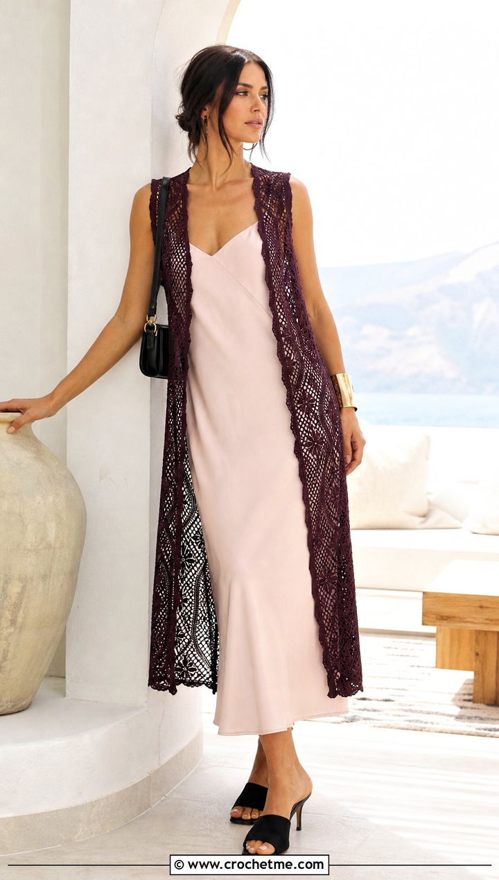 Longline Lace Crochet Vest With Slip Dress - 15 Boho Style Crochet Vest outfit ideas