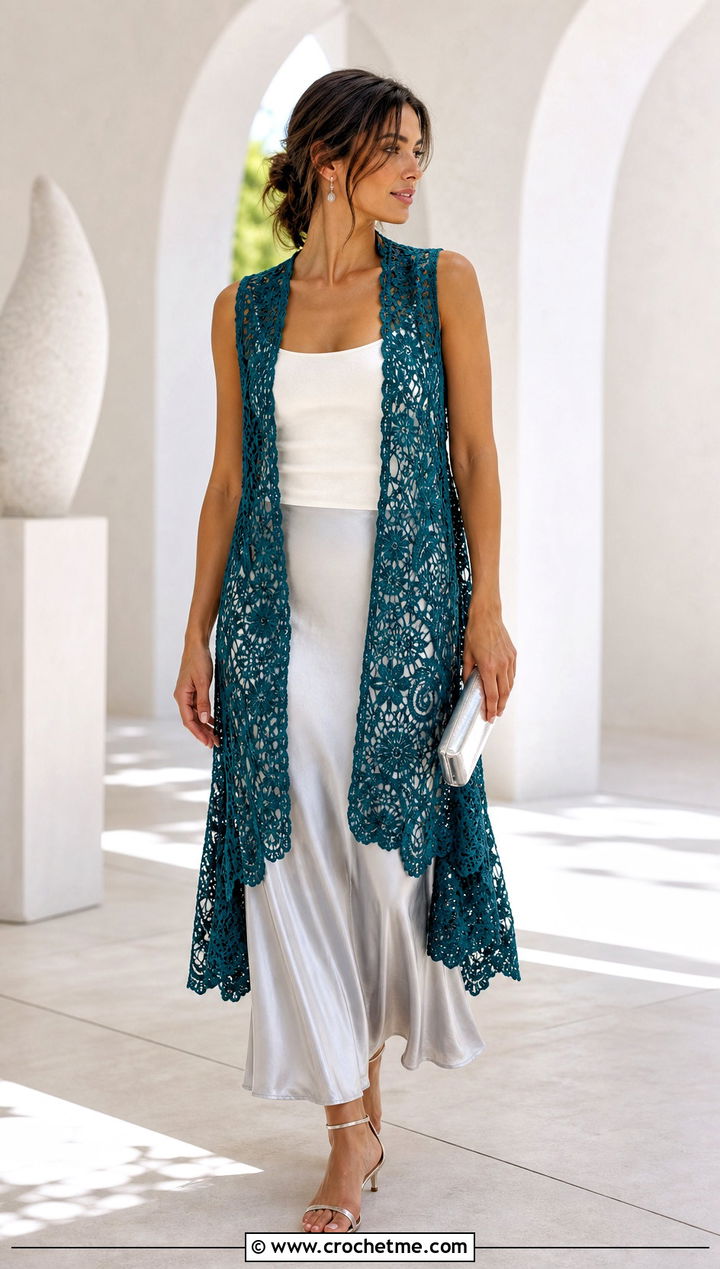 Longline Lace Crochet Vest With Slip Skirt - 35 crochet vest outfits for women outfit ideas