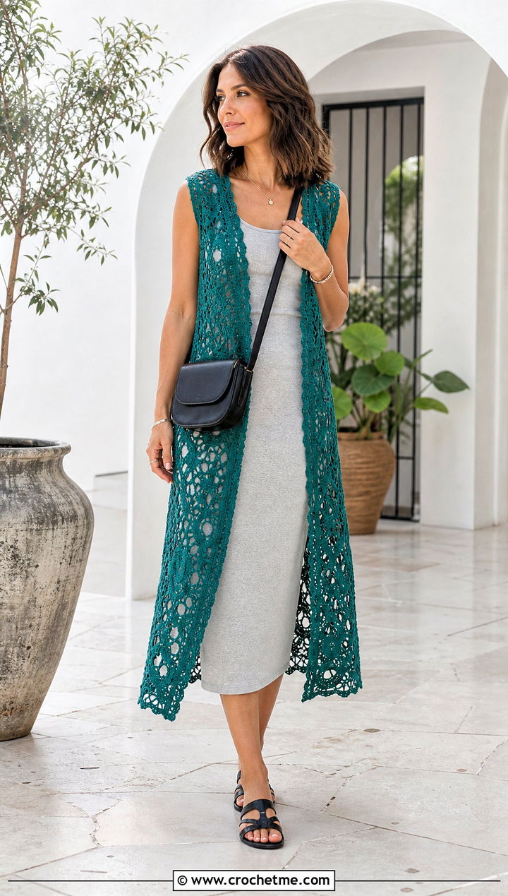 Longline Lace Crochet Vest With a Column Dress - 20 Lacy Crochet Vest outfit ideas