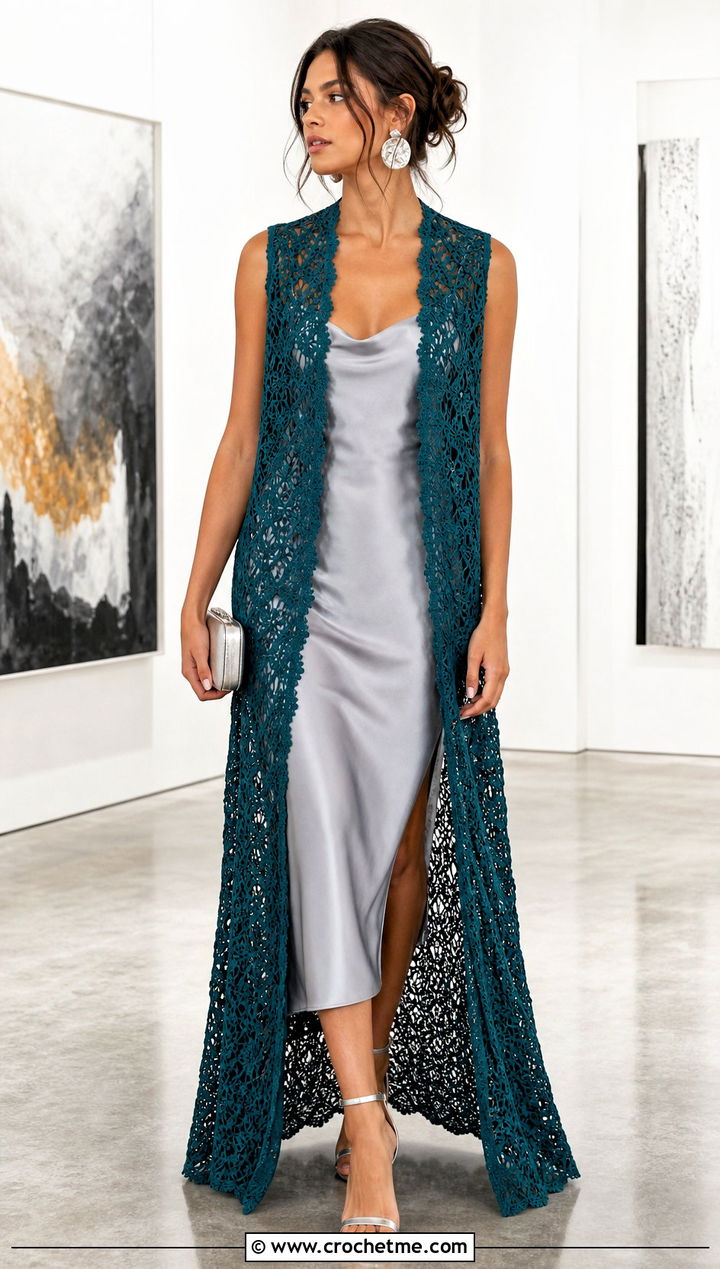 Longline Lace Open Front Crochet Vest With Satin Slip Dress - 25 crochet open front vest outfit ideas