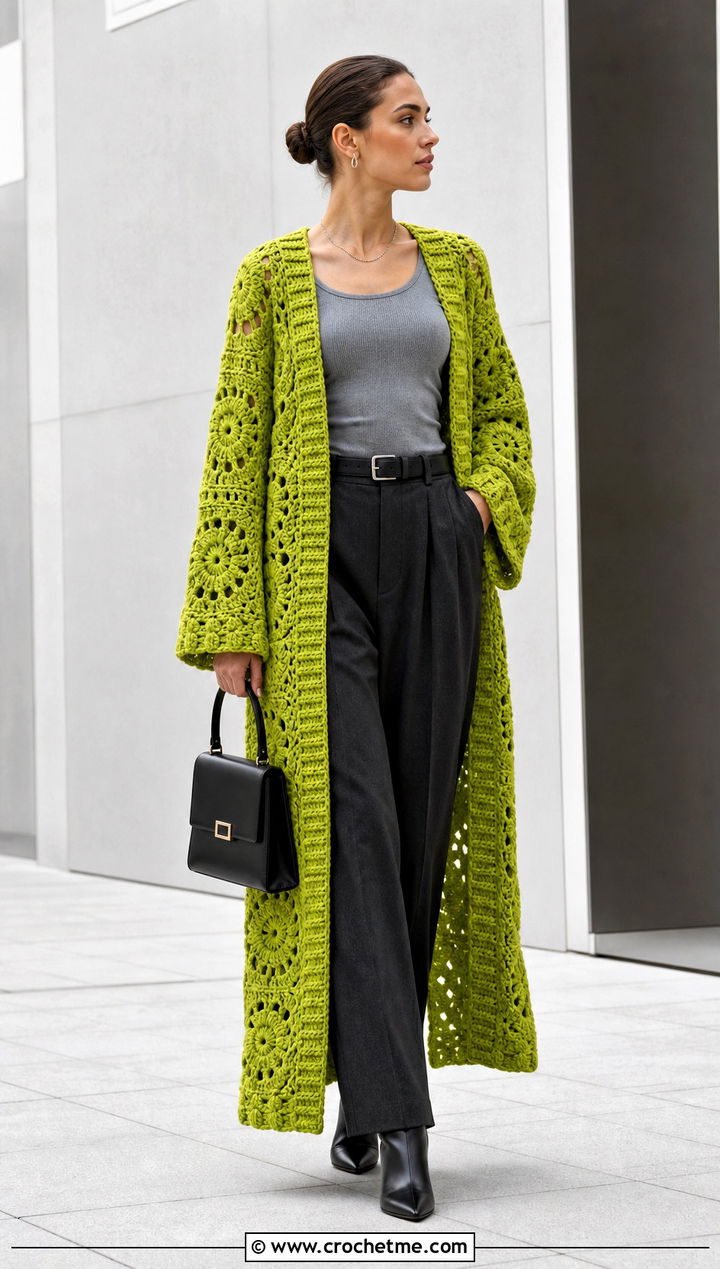 Longline Large Granny Square Sweater With Belted Trousers - 35 large granny square sweater outfit ideas