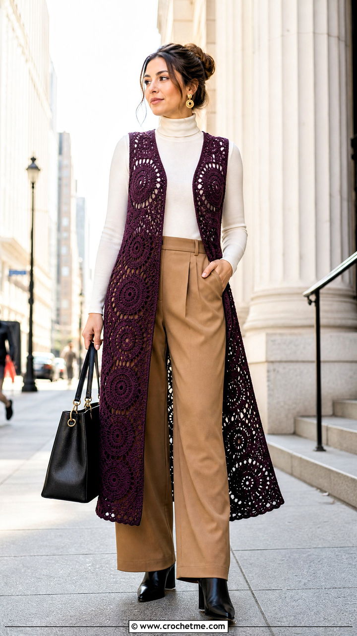 Longline Mandala Crochet Circle Vest With Turtleneck And Wide Leg Pants - 35 crochet circle vest outfit ideas