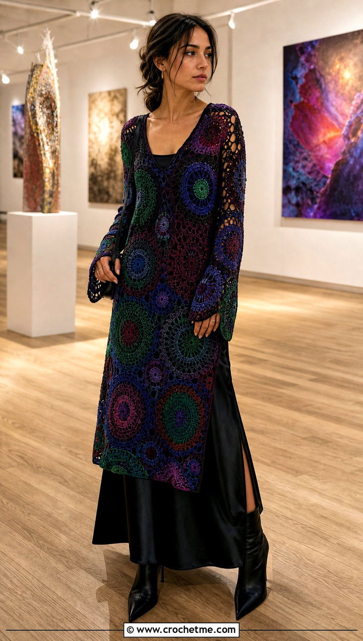 Longline Mandala Crochet Sweater With Slip Skirt - 25 Mandala Crochet Sweater outfit ideas
