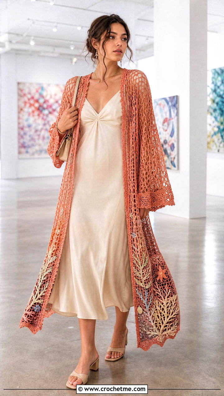 Longline Mesh Anime Crochet Cardigan With Slip Dress - 30 anime crochet cardigan outfit ideas