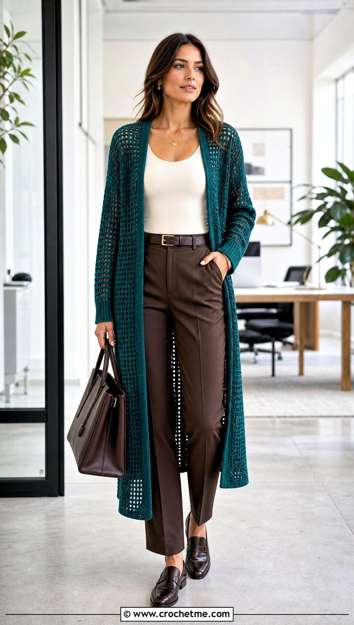 Longline Mesh Crochet Cardigan With Tailored Trousers - 30 loose crochet cardigan outfit ideas