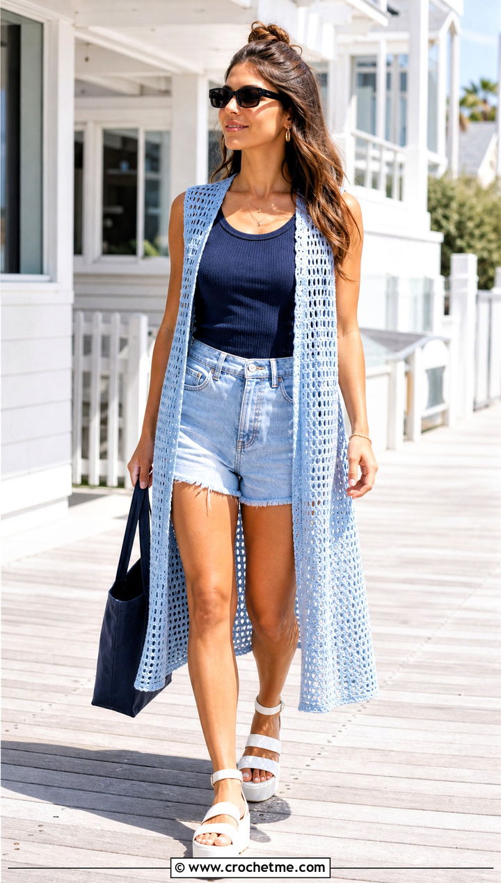 Longline Mesh Crochet Duster Vest With Denim Shorts - 20 crochet duster vest outfit ideas