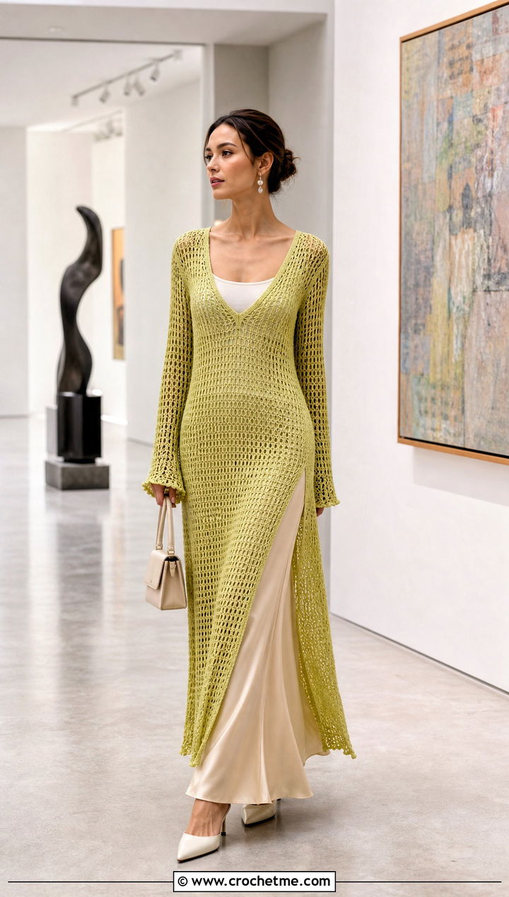 Longline Mesh Crochet Sweater With Slip Skirt - 30 mesh crochet sweater outfit ideas