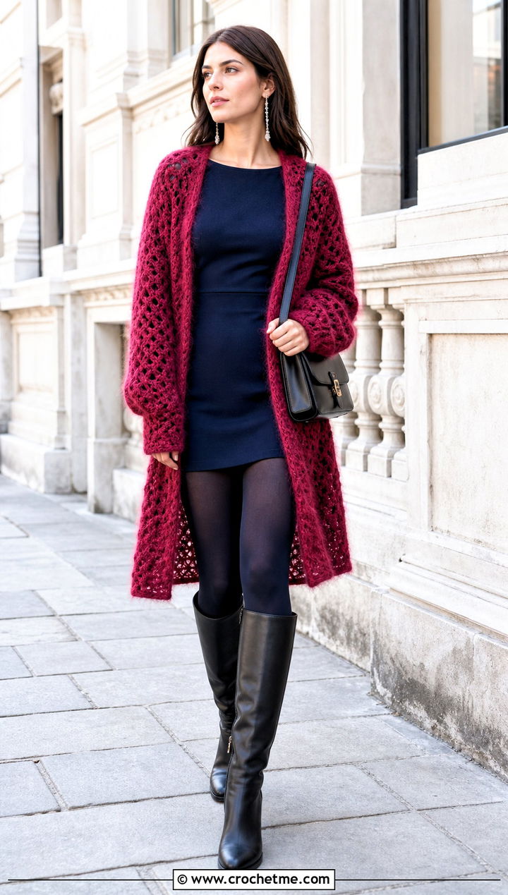 Longline Mohair Crochet Shrug With Mini Dress - 25 mohair crochet shrug outfit ideas