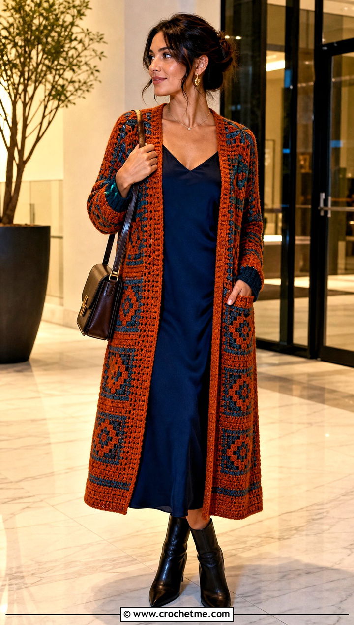 Longline Mosaic Crochet Sweater With Slip Dress - 25 Mosaic Crochet Sweater outfit ideas