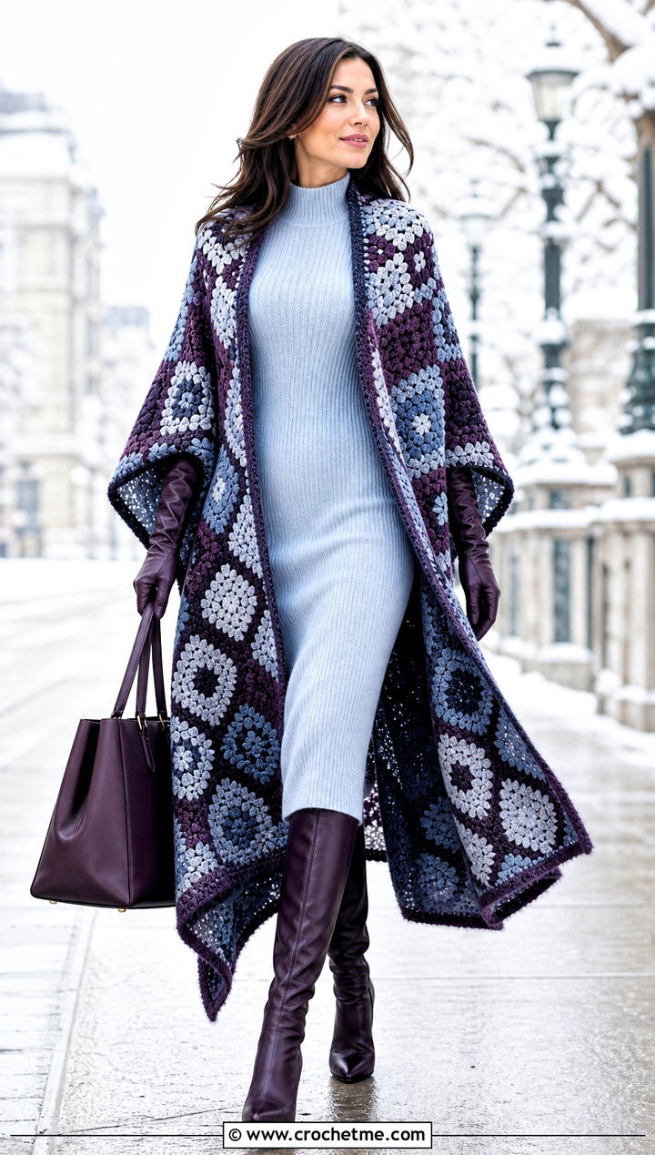 Longline Mosaic Poncho With Knit Dress - 15 Mosaic Crochet Poncho outfit ideas