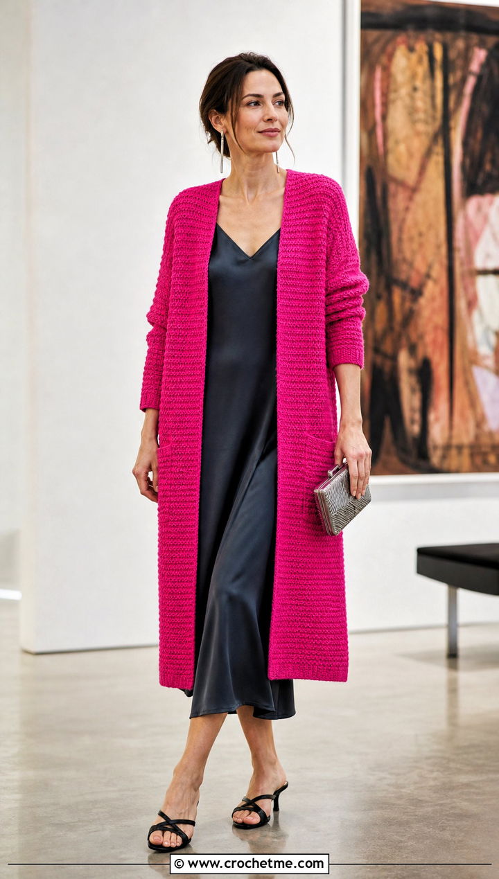 Longline Moss Stitch Cardigan With Slip Dress - 30 crochet moss stitch cardigan outfit ideas