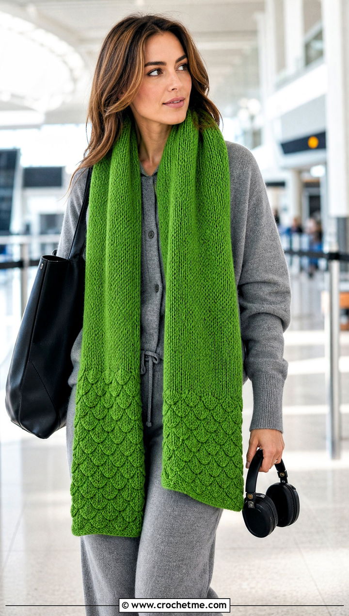Longline Natsu Scarf With Airport Matching Set - 15 Crochet Natsu Scarf outfit ideas