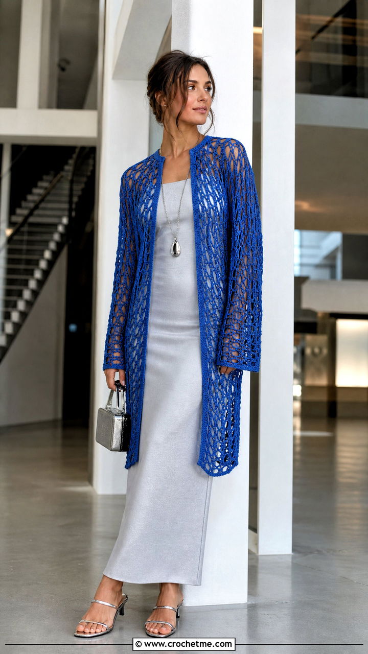 Longline Net Sweater With Column Dress - 35 crochet net sweater outfit ideas