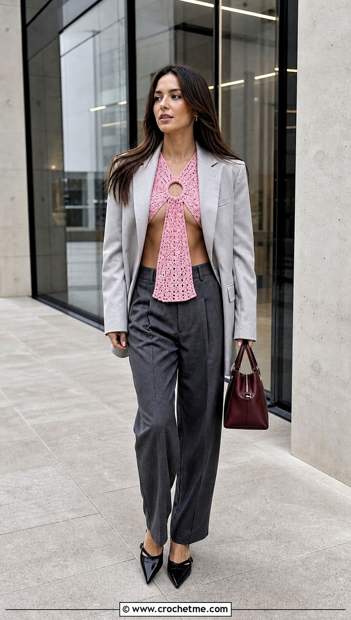 Longline O Ring Crochet Top With Tailored Trousers - 25 Crochet Top With Ring In The Middle outfit ideas