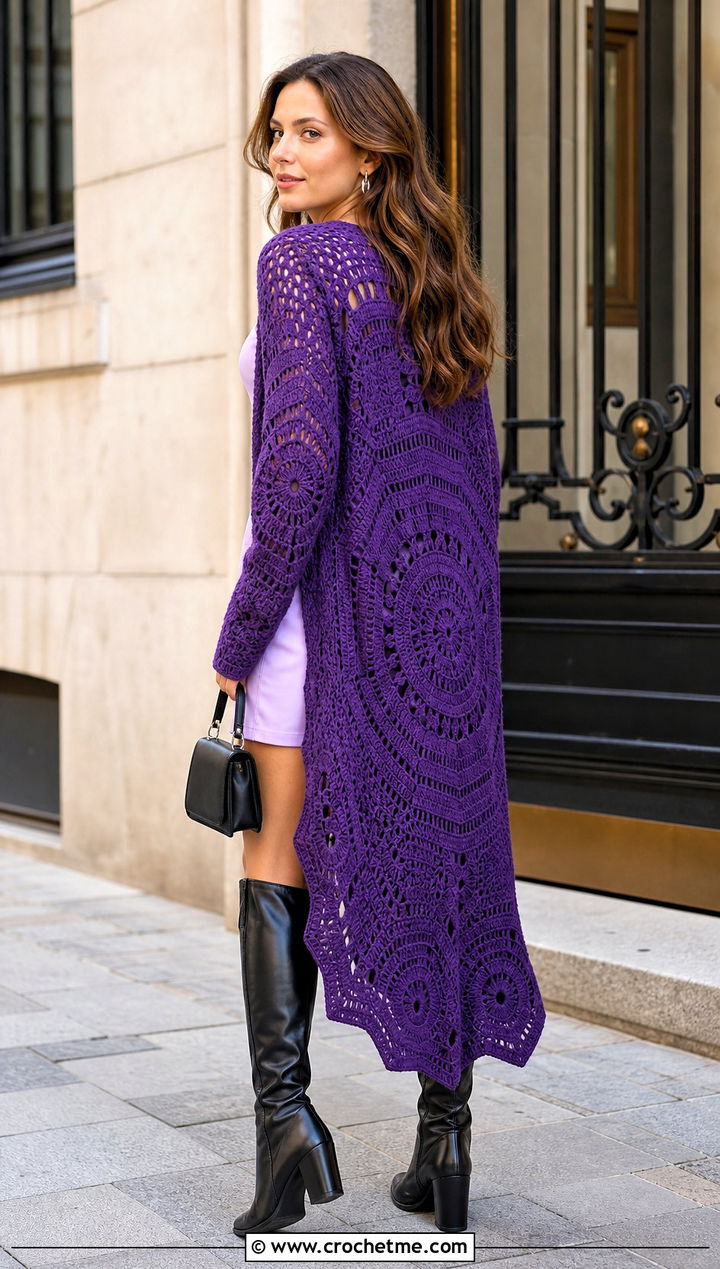 Longline Octagon Crochet Cardigan With Mini Dress - 25 Octagon Crochet Cardigan outfit ideas