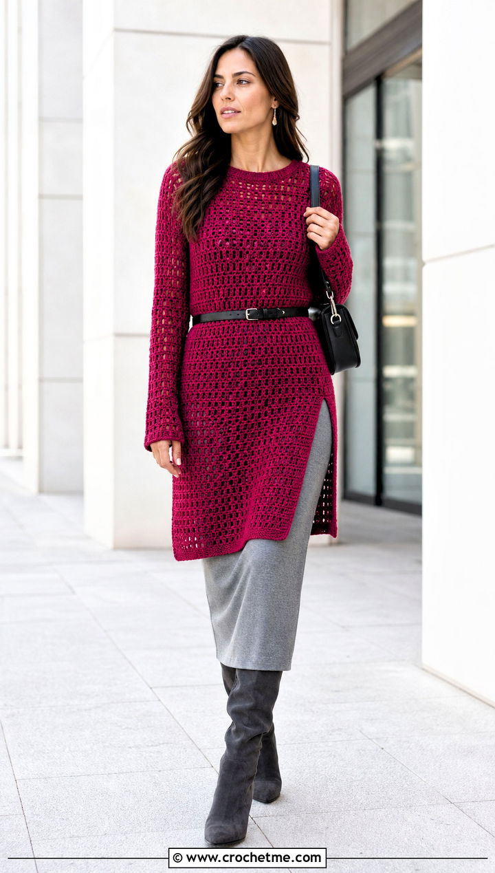 Longline One Panel Crochet Sweater With Knit Midi Skirt - 30 One Panel Crochet Sweater outfit ideas