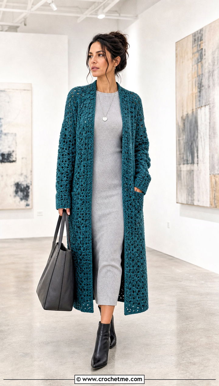 Longline Open Front Alpine Stitch Crochet Cardigan With Column Dress - 25 Alpine Stitch Crochet Cardigan outfit ideas