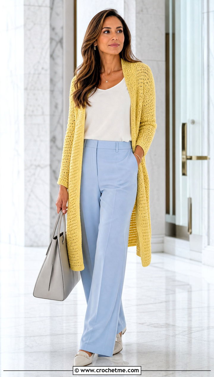 Longline Open Front Crochet Drape Cardigan With Tailored Trousers - 15 Crochet Drape Cardigan outfit ideas