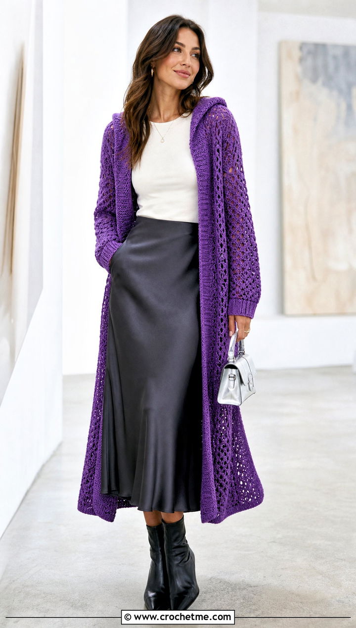 Longline Open Front Crochet Hoodie Cardigan With Satin Skirt - 30 crochet hoodie cardigan outfit ideas