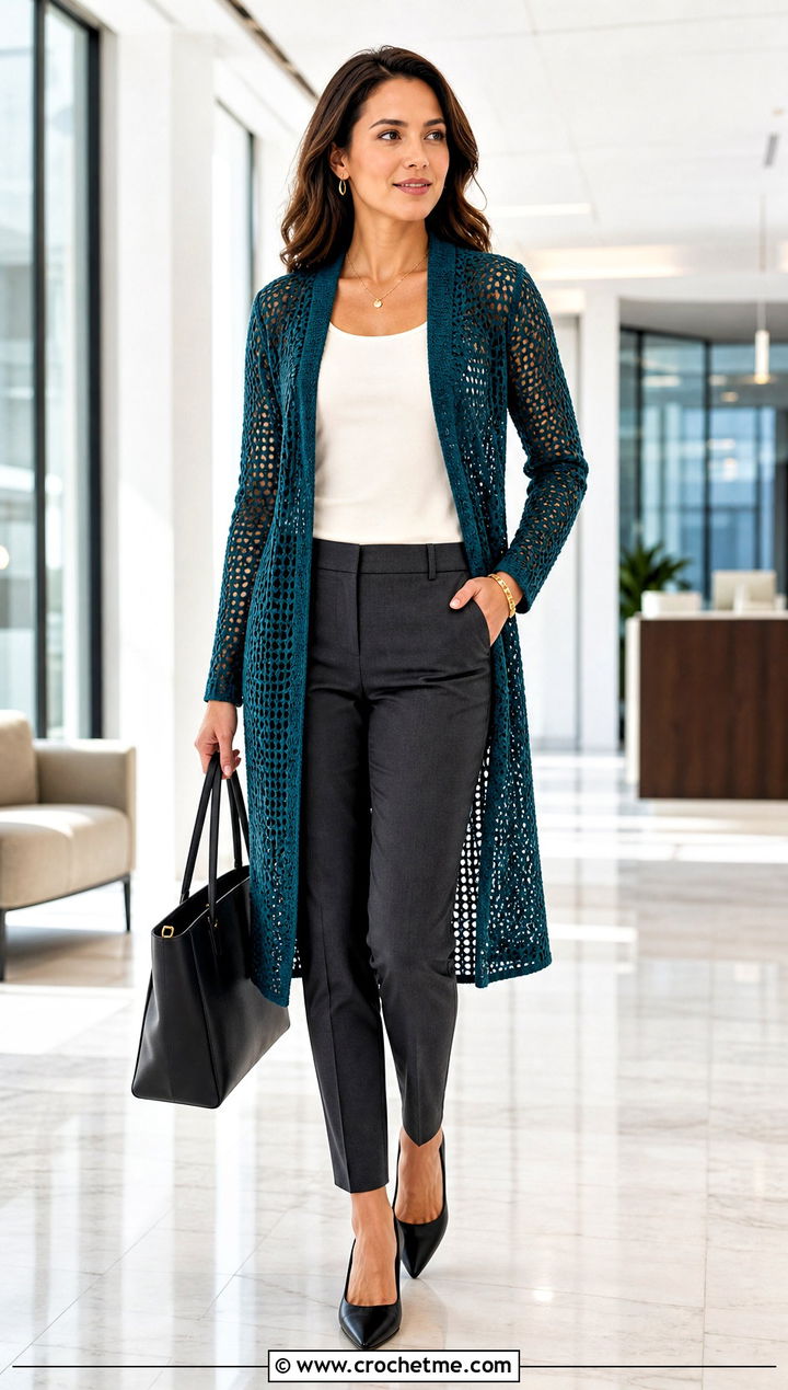 Longline Open Front Crochet Mesh Cardigan With Tailored Trousers - 35 crochet mesh cardigan outfit ideas