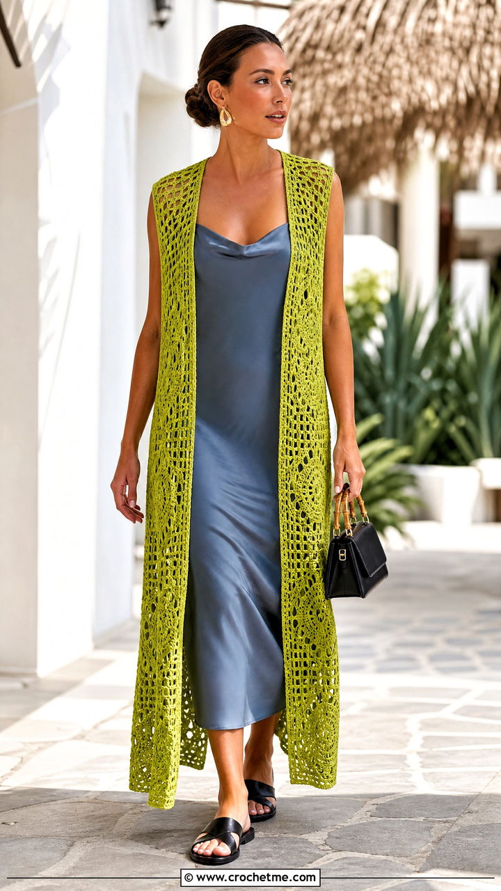 Longline Open Front Crochet Mesh Vest With Slip Dress - 35 crochet mesh vest outfit ideas