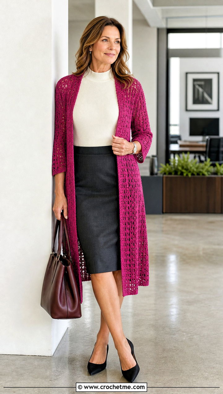 Longline Open Front Crochet Shrug With Pencil Skirt - 15 Long Sleeved Crochet Shrug outfit ideas